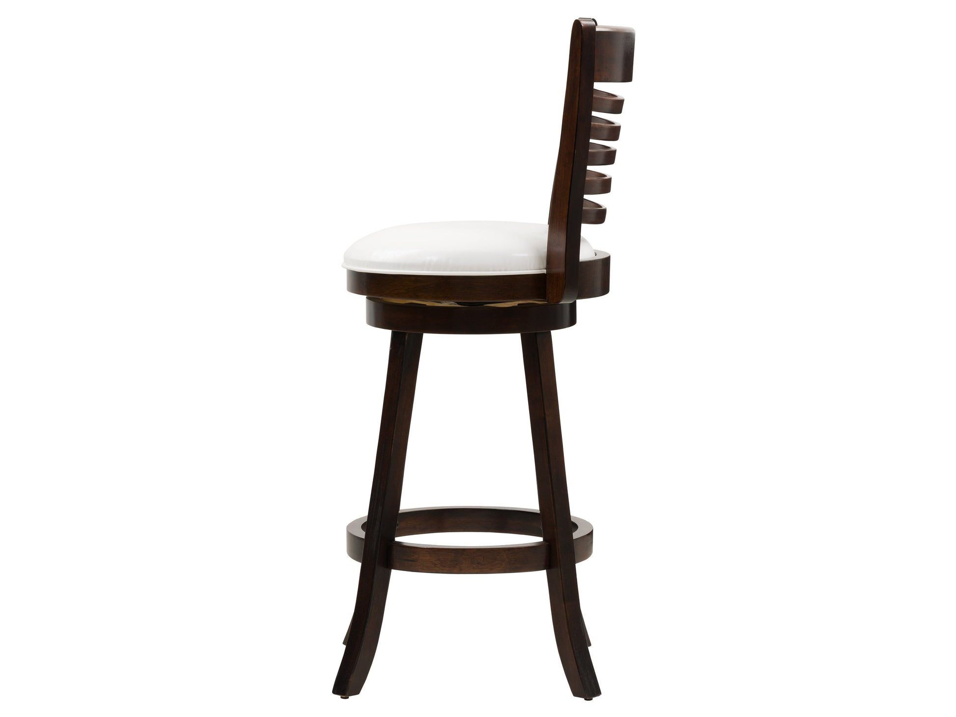White bar height bar stools set of 2, featuring sleek chrome legs, cushioned seats with white faux leather upholstery, and footrests for added comfort, perfect for modern kitchen or bar settings.