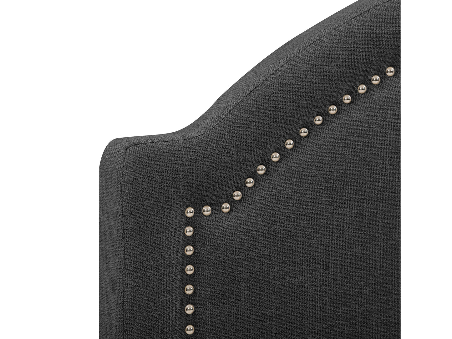 Dark grey upholstered queen bed with tufted headboard, soft fabric texture, and sturdy wooden frame. Ideal for modern bedrooms, offering comfort and style.