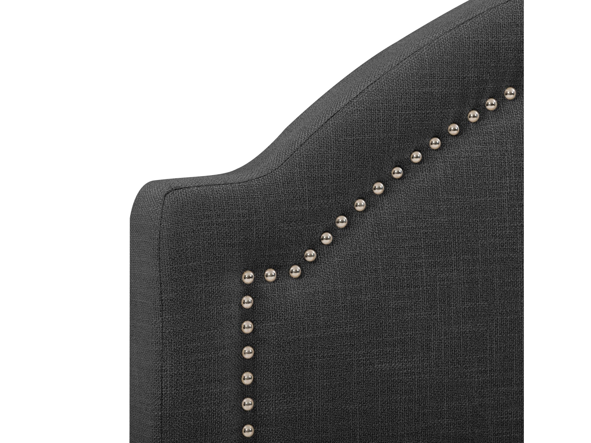Dark grey upholstered queen bed with tufted headboard, soft fabric texture, and sturdy wooden frame. Ideal for modern bedrooms, offering comfort and style.