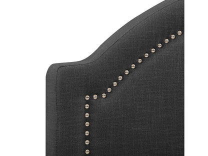 Dark grey upholstered queen bed with tufted headboard, soft fabric texture, and sturdy wooden frame. Ideal for modern bedrooms, offering comfort and style.