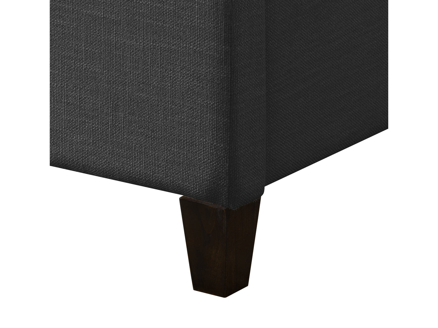 Dark grey upholstered queen bed with tufted headboard, soft fabric texture, and sturdy wooden frame. Ideal for modern bedrooms, offering comfort and style.