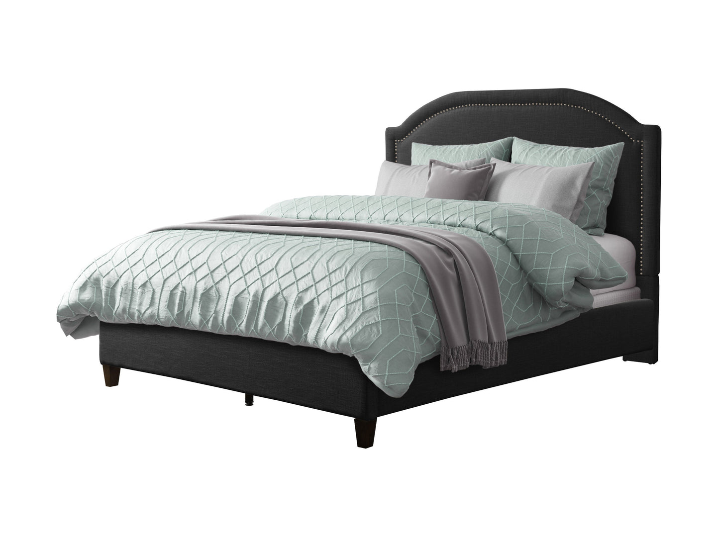 Dark grey upholstered queen bed with tufted headboard, soft fabric texture, and sturdy wooden frame. Ideal for modern bedrooms, offering comfort and style.