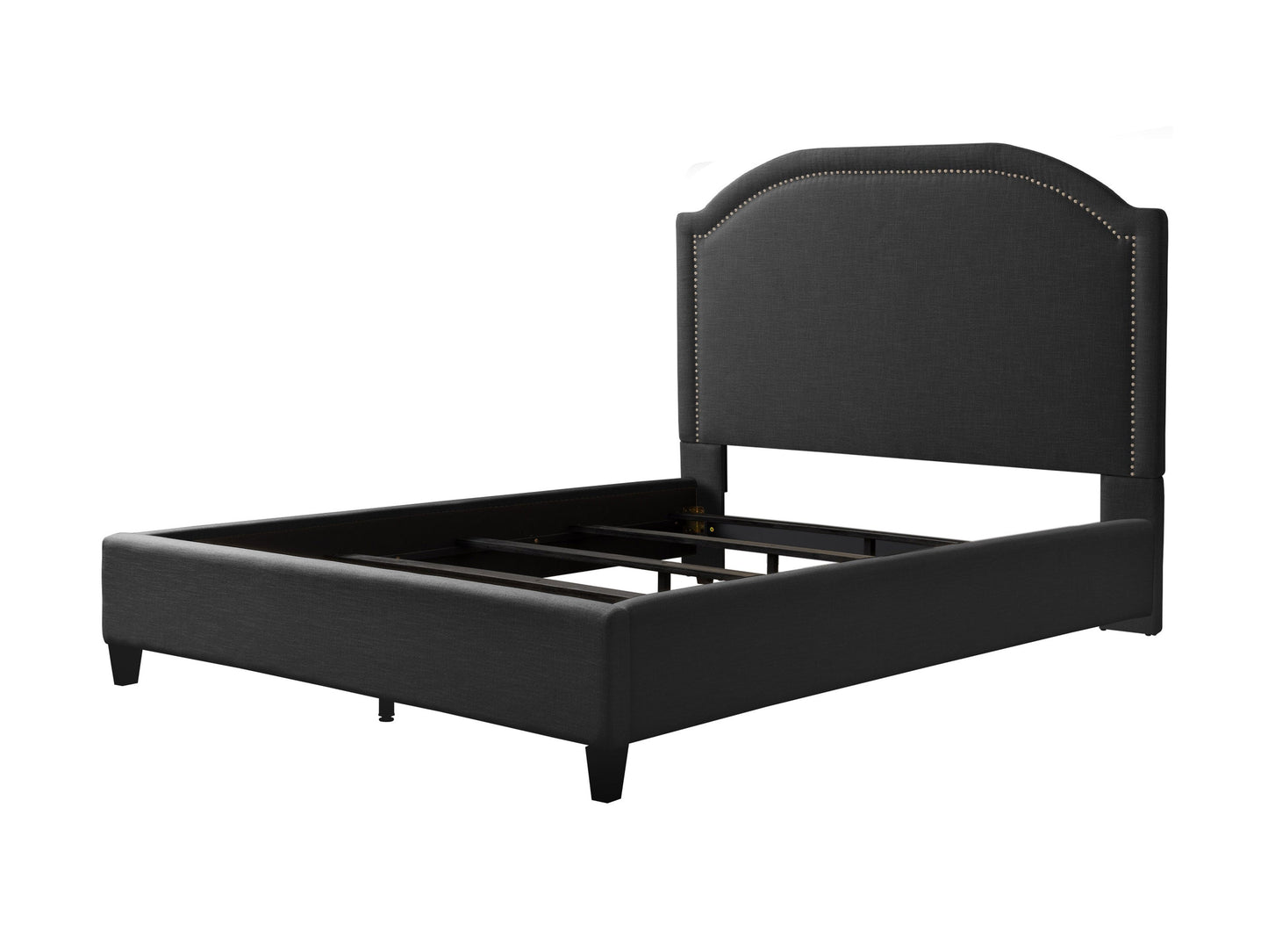 Dark grey upholstered queen bed with tufted headboard, soft fabric texture, and sturdy wooden frame. Ideal for modern bedrooms, offering comfort and style.
