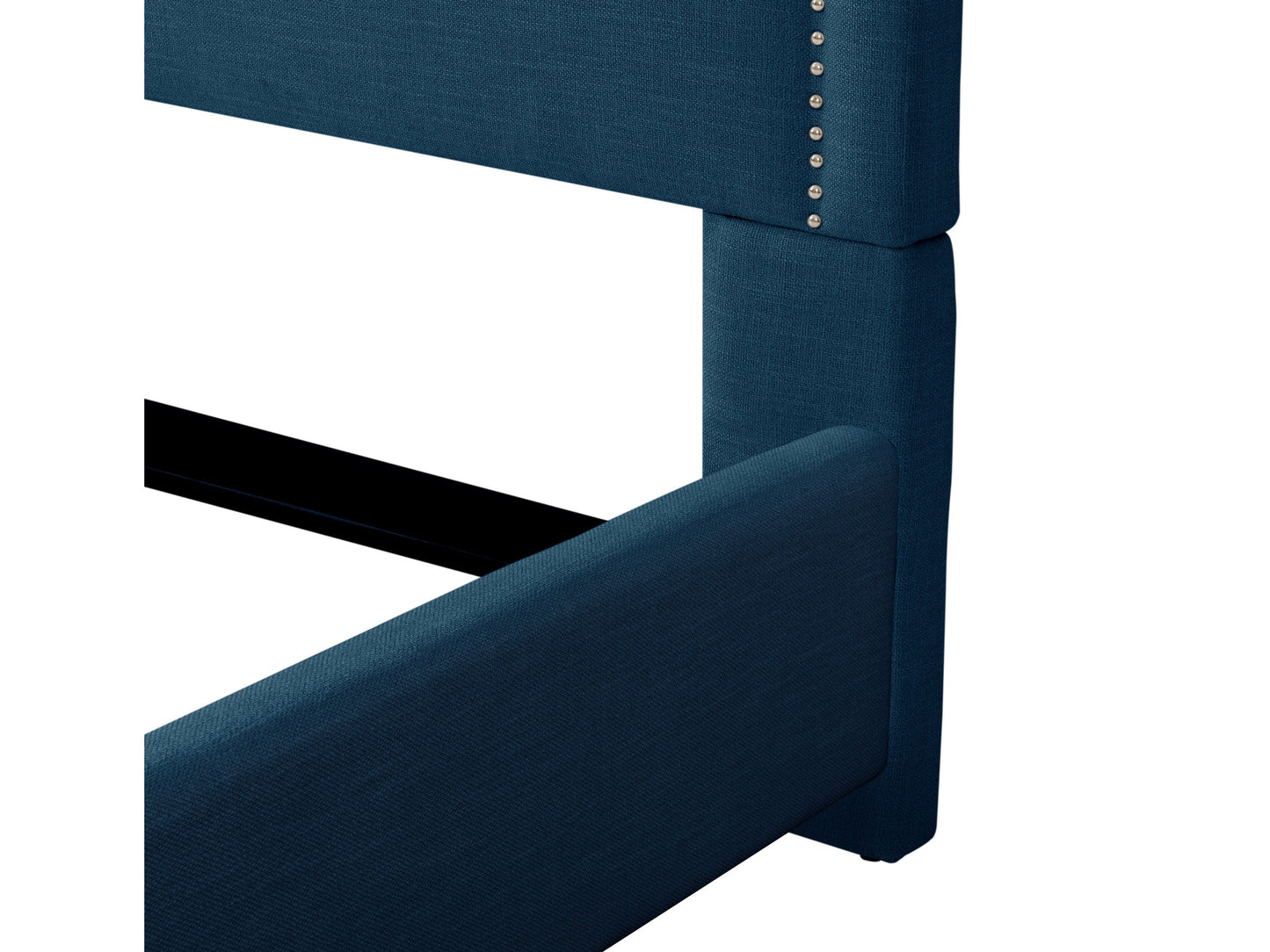 Navy blue upholstered queen bed with tufted headboard, wooden legs, and soft velvet fabric. Elegant design perfect for modern bedrooms.