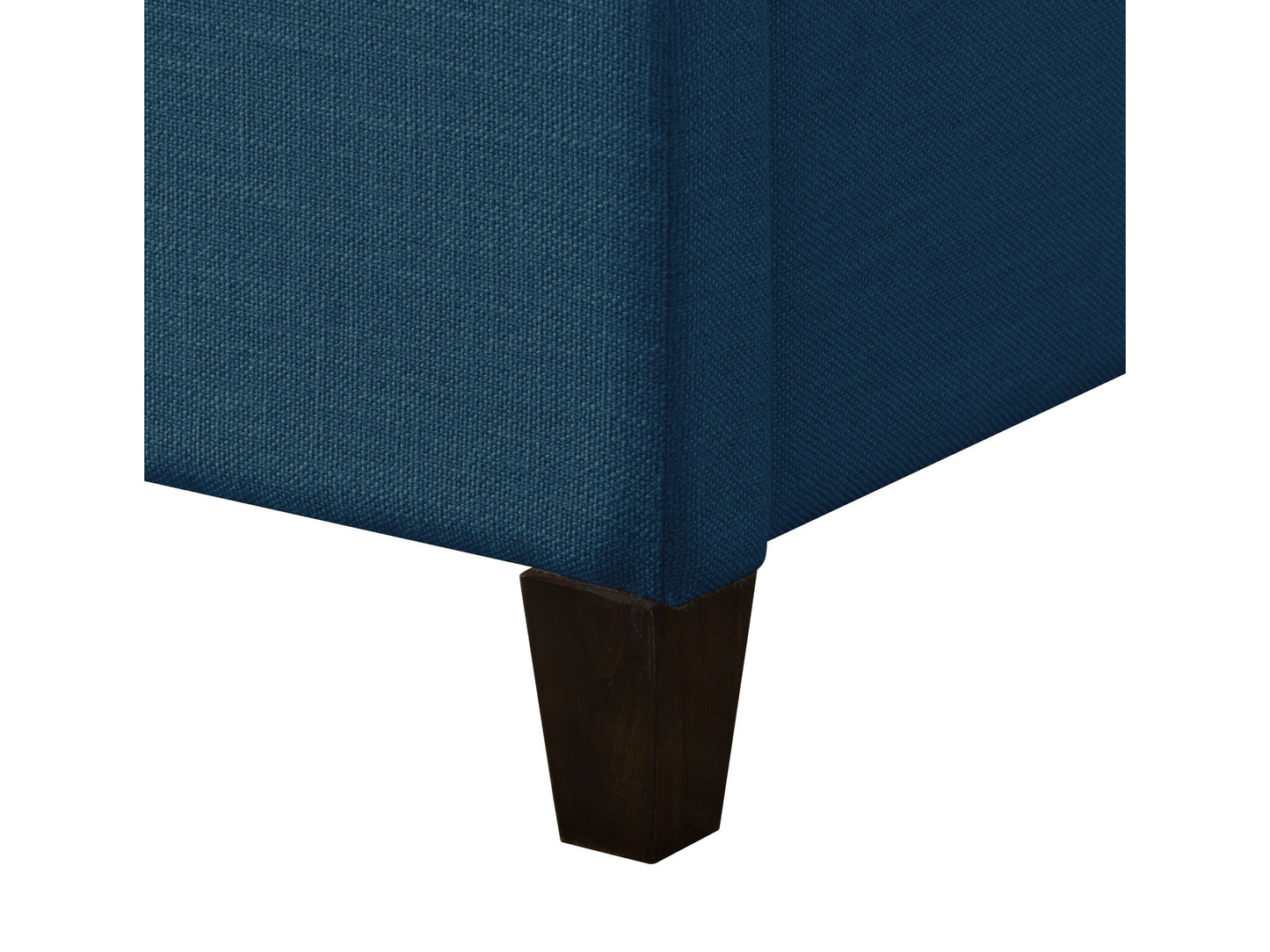Navy blue upholstered queen bed with tufted headboard, wooden legs, and soft velvet fabric. Elegant design perfect for modern bedrooms.
