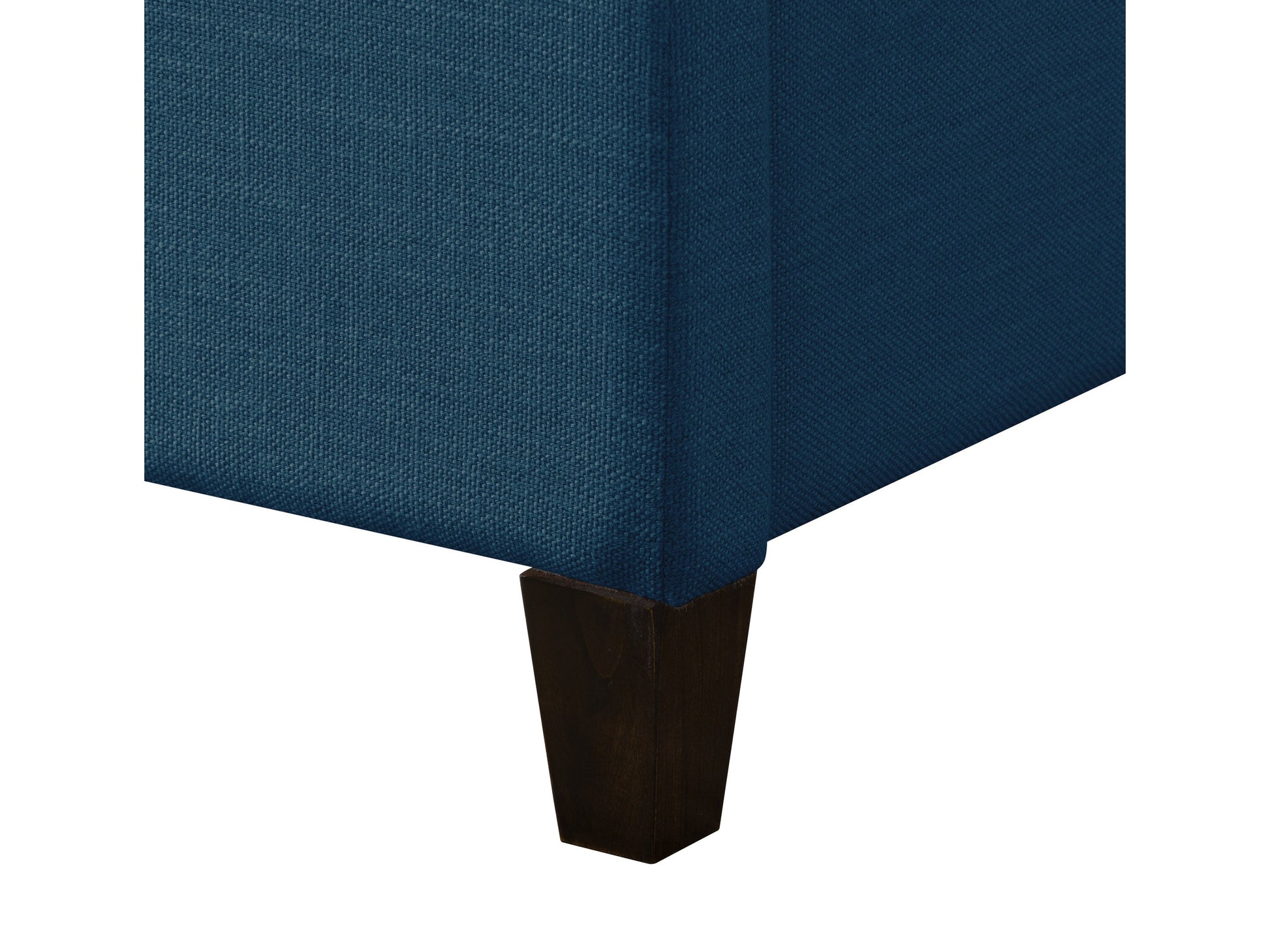 Navy blue upholstered queen bed with tufted headboard, wooden legs, and soft velvet fabric. Elegant design perfect for modern bedrooms.