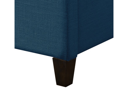Navy blue upholstered queen bed with tufted headboard, wooden legs, and soft velvet fabric. Elegant design perfect for modern bedrooms.