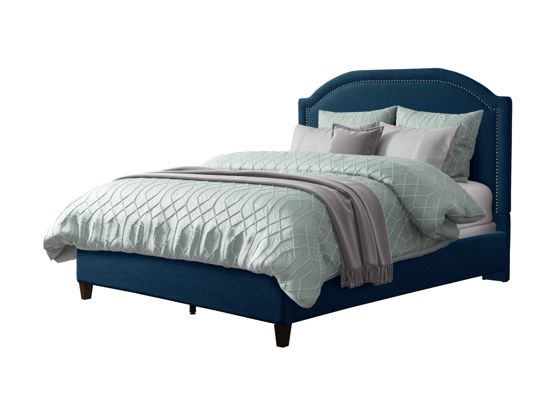 Navy blue upholstered queen bed with tufted headboard, wooden legs, and soft velvet fabric. Elegant design perfect for modern bedrooms.