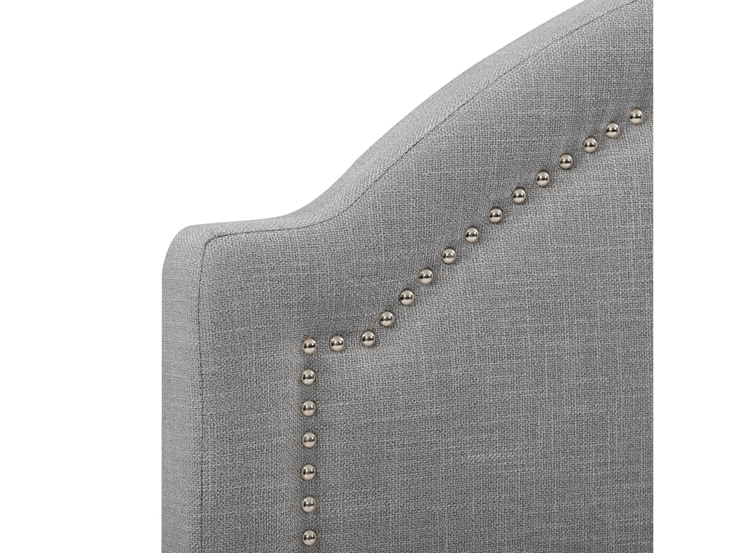 Grey upholstered queen bed with tufted headboard, soft fabric finish, and sturdy wooden legs. Ideal for modern bedrooms seeking comfort and style.
