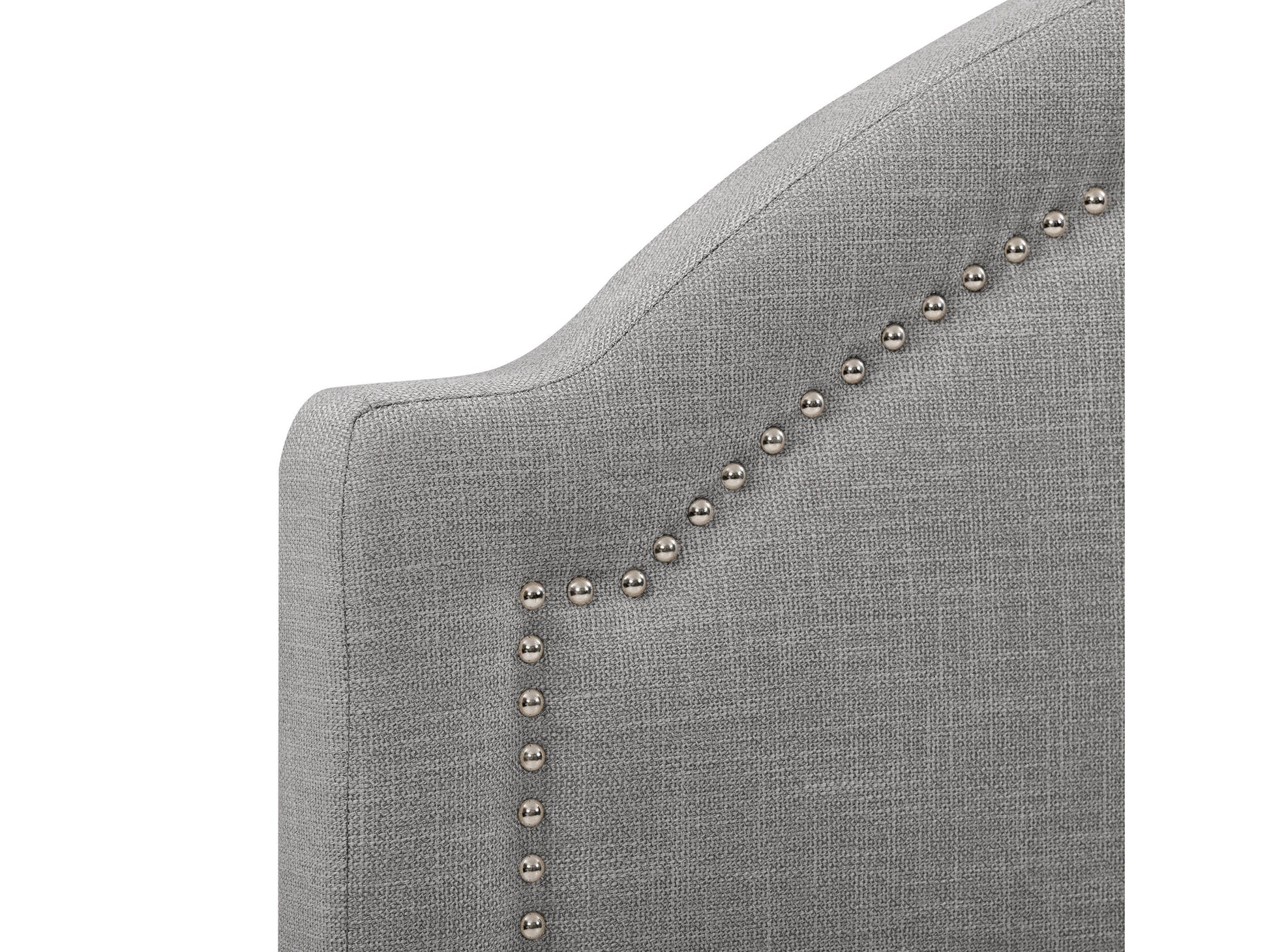 Grey upholstered queen bed with tufted headboard, soft fabric finish, and sturdy wooden legs. Ideal for modern bedrooms seeking comfort and style.