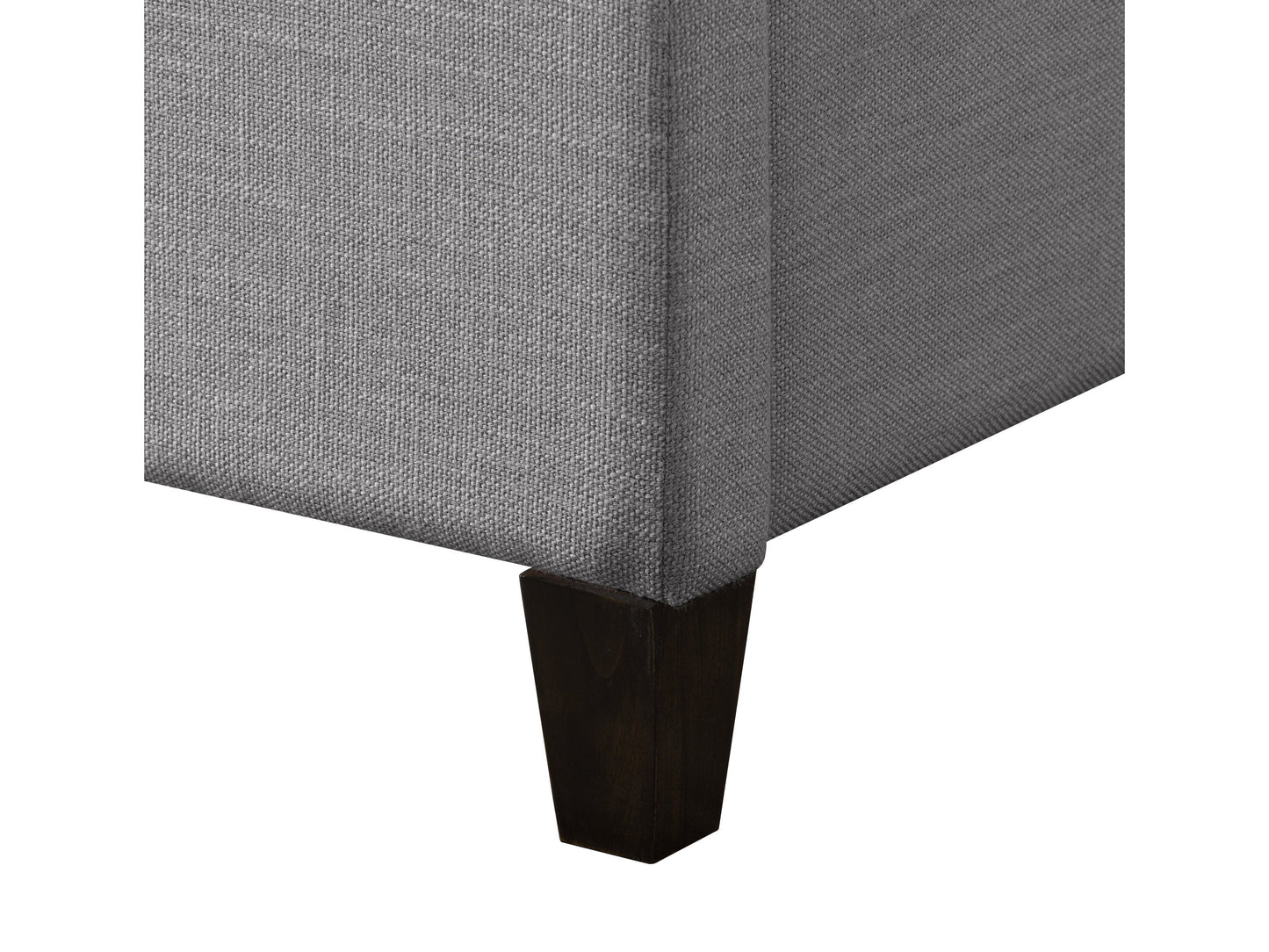 Grey upholstered queen bed with tufted headboard, soft fabric finish, and sturdy wooden legs. Ideal for modern bedrooms seeking comfort and style.