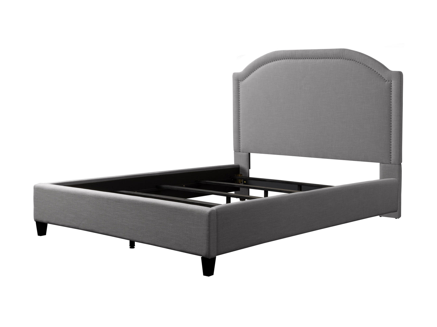 Grey upholstered queen bed with tufted headboard, soft fabric finish, and sturdy wooden legs. Ideal for modern bedrooms seeking comfort and style.