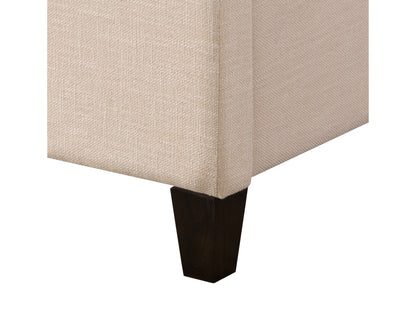 Cream upholstered king bed with tufted headboard, soft fabric, wooden legs, and a sturdy frame. Ideal for modern and classic bedrooms.