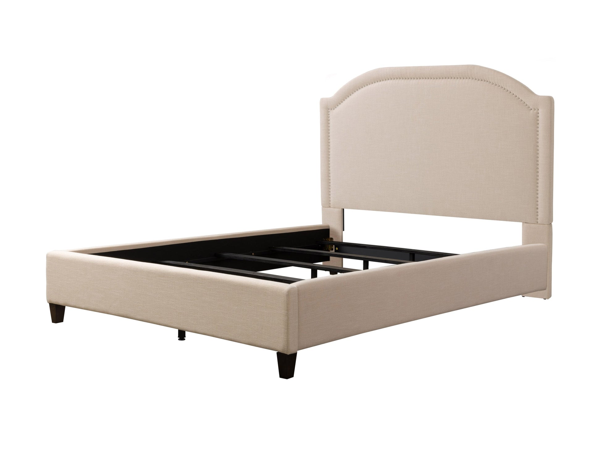 Cream upholstered king bed with tufted headboard, soft fabric, wooden legs, and a sturdy frame. Ideal for modern and classic bedrooms.