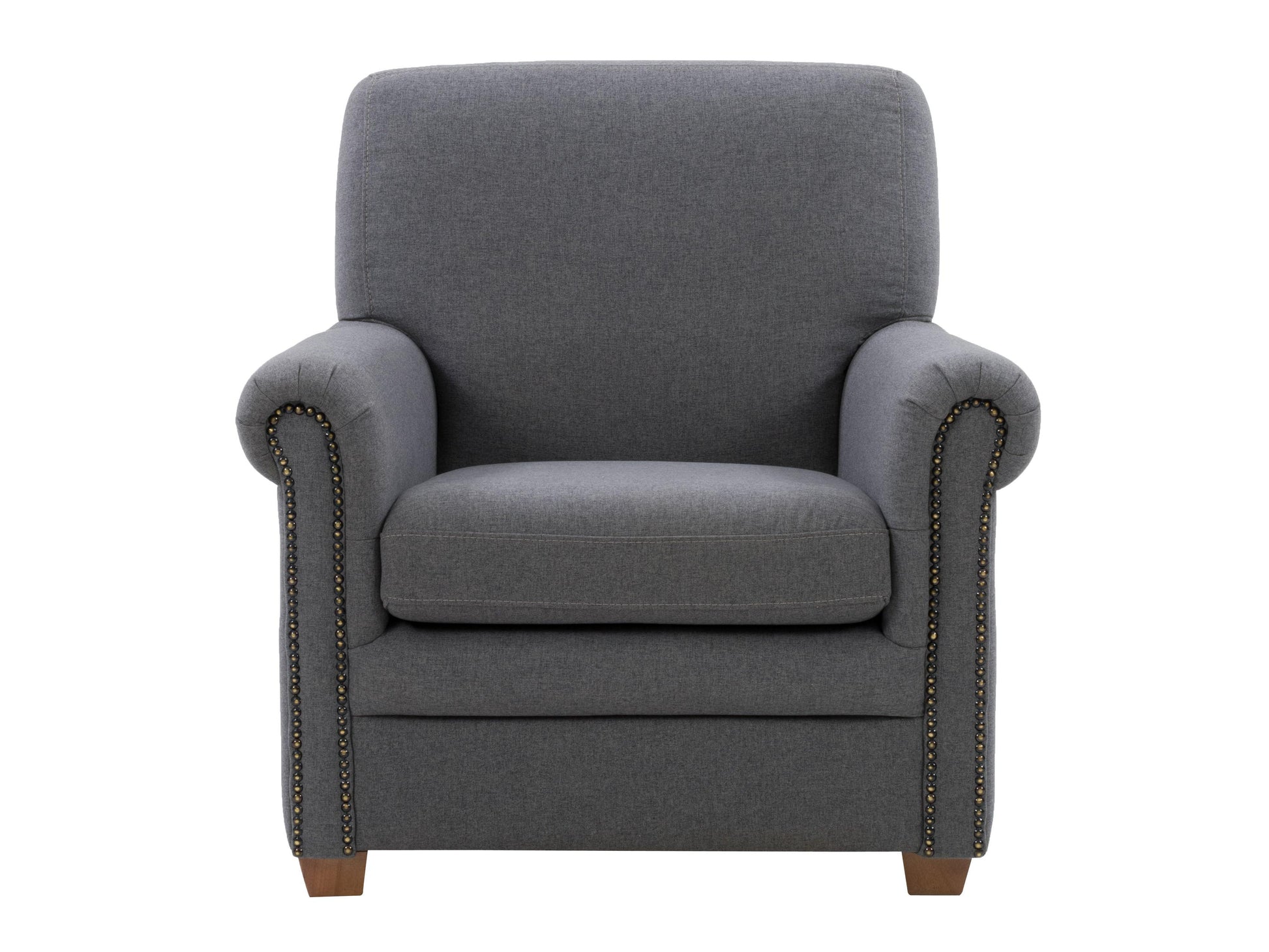 Grey fabric arm chair with wooden legs, plush cushioning, and modern design. Ideal for living rooms or offices, this stylish chair combines comfort and elegance.