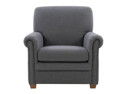 Grey fabric arm chair with wooden legs, plush cushioning, and modern design. Ideal for living rooms or offices, this stylish chair combines comfort and elegance.