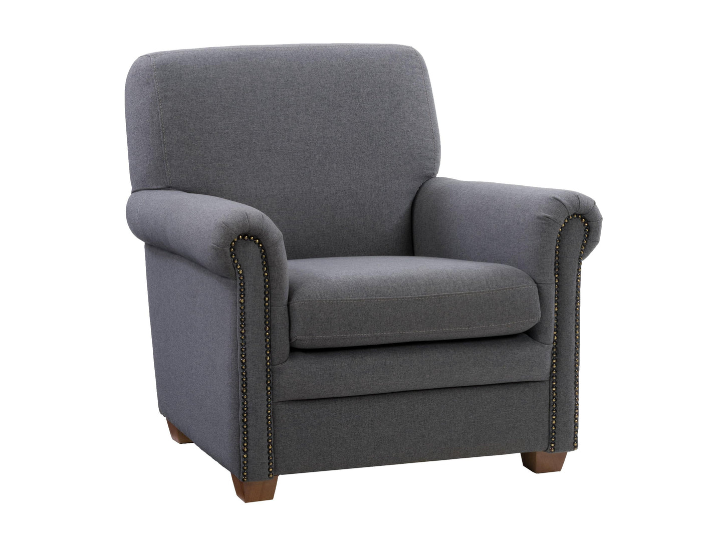 Grey armchair with tufted backrest, wooden legs, and soft fabric upholstery, ideal for living room or office, blending comfort and modern design.