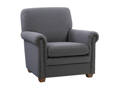 Grey armchair with tufted backrest, wooden legs, and soft fabric upholstery, ideal for living room or office, blending comfort and modern design.