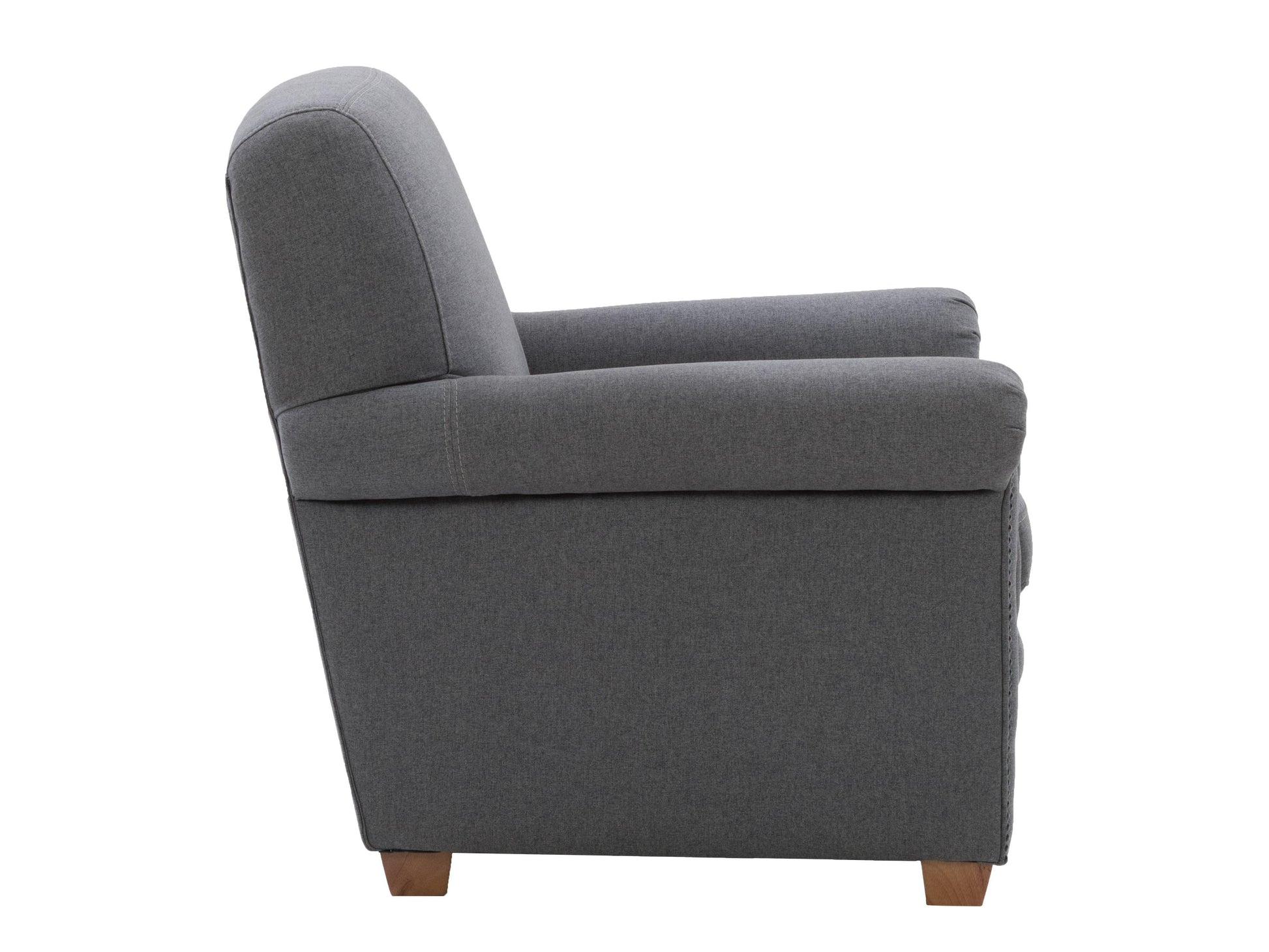 Grey armchair with cushioned seat and backrest, featuring sleek wooden legs and modern design. Ideal for living rooms, offices, or reading nooks.
