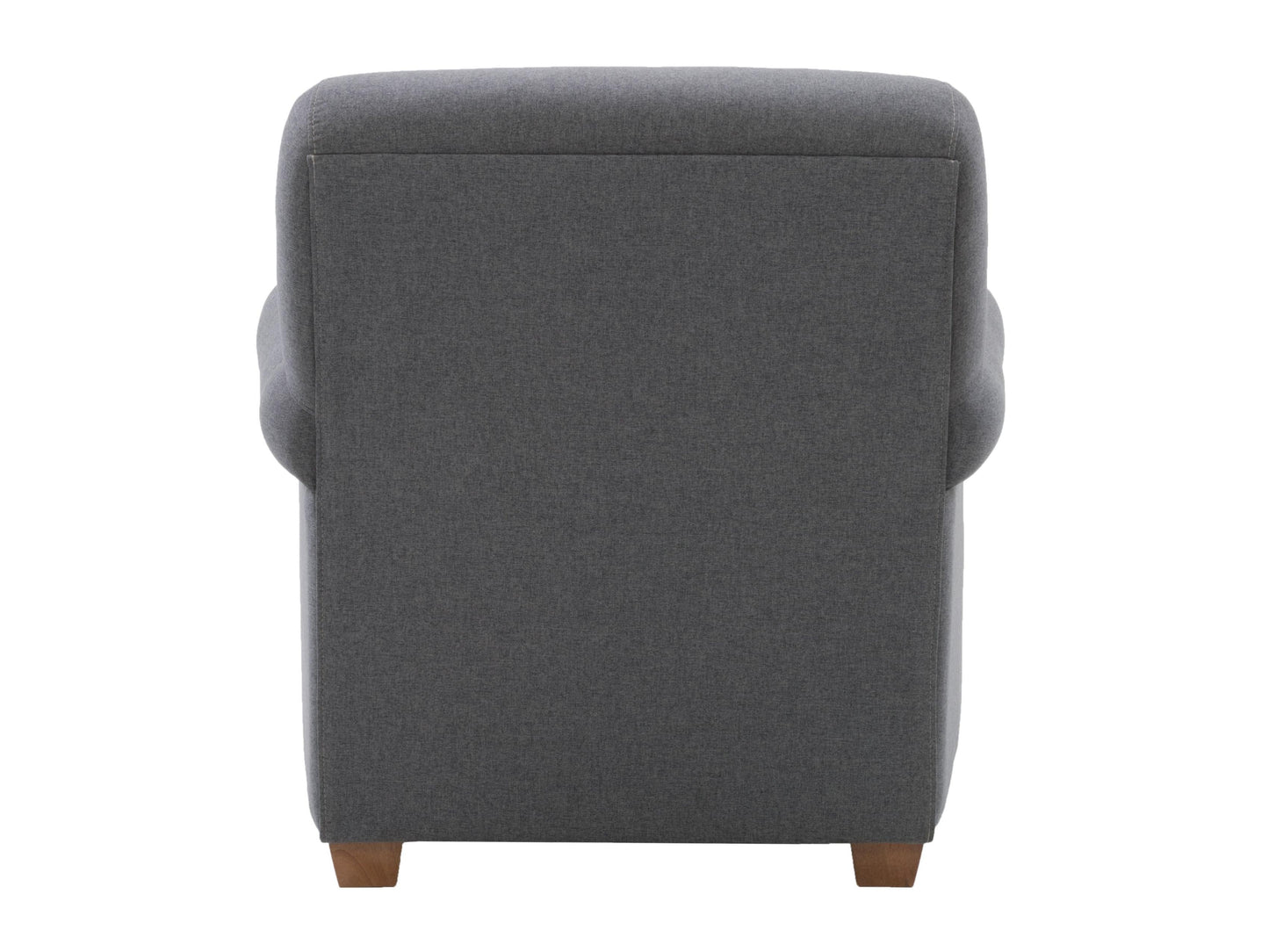 Grey armchair with plush cushioning, sleek wooden legs, and a tufted backrest, perfect for modern living rooms or offices.