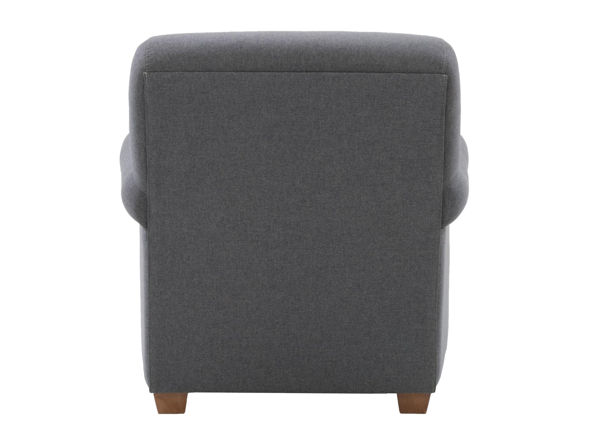 Grey armchair with plush cushioning, sleek wooden legs, and a tufted backrest, perfect for modern living rooms or offices.