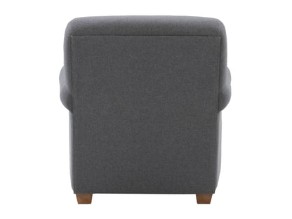 Grey armchair with plush cushioning, sleek wooden legs, and a tufted backrest, perfect for modern living rooms or offices.