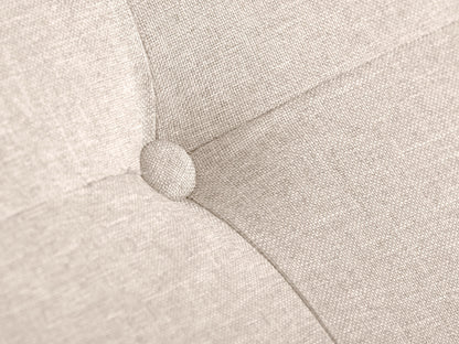 Beige large storage ottoman with tufted top, linen fabric, wooden legs, and spacious interior compartment for extra storage.