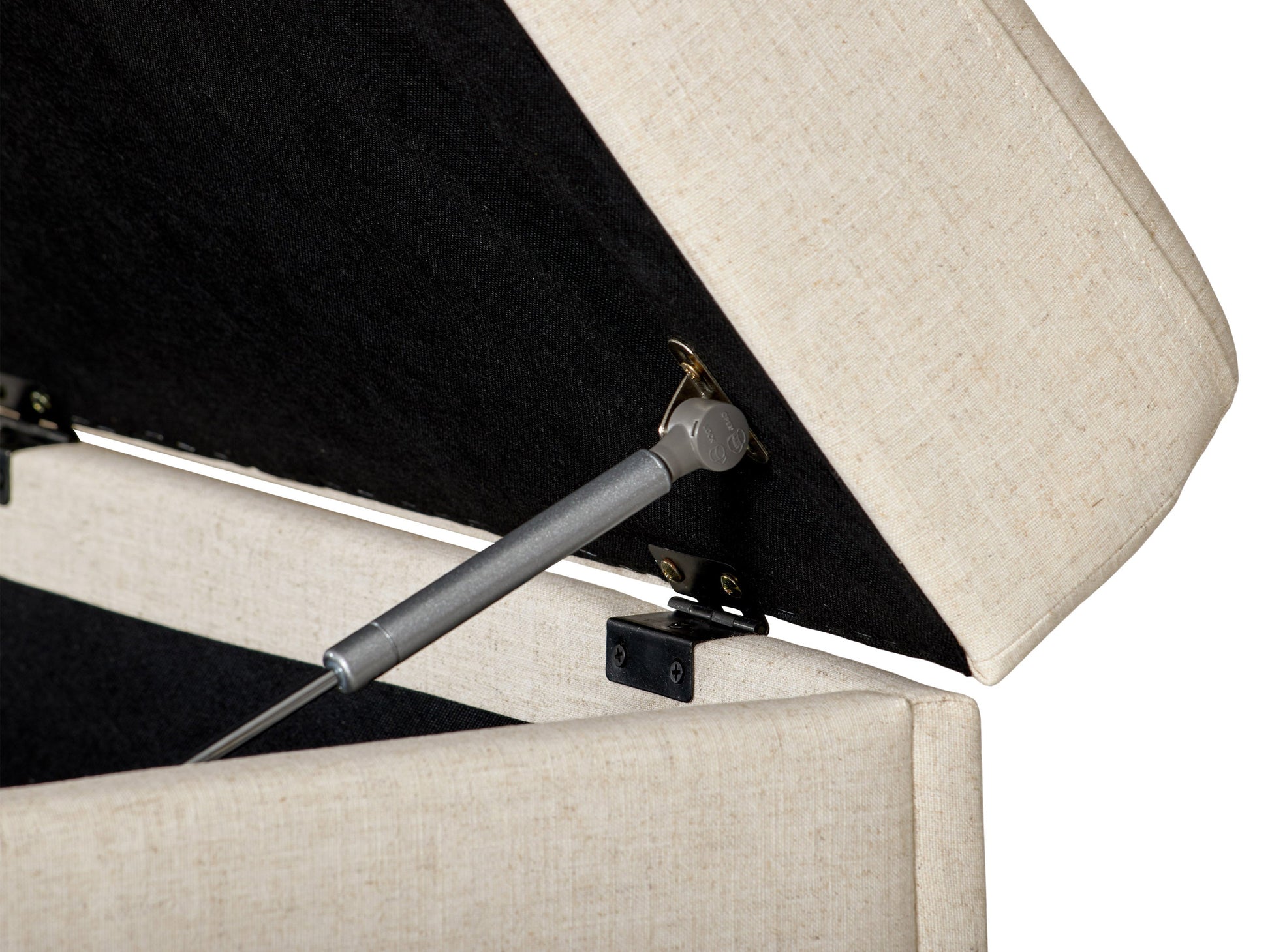 Beige large storage ottoman with tufted top, linen fabric, wooden legs, and spacious interior compartment for extra storage.