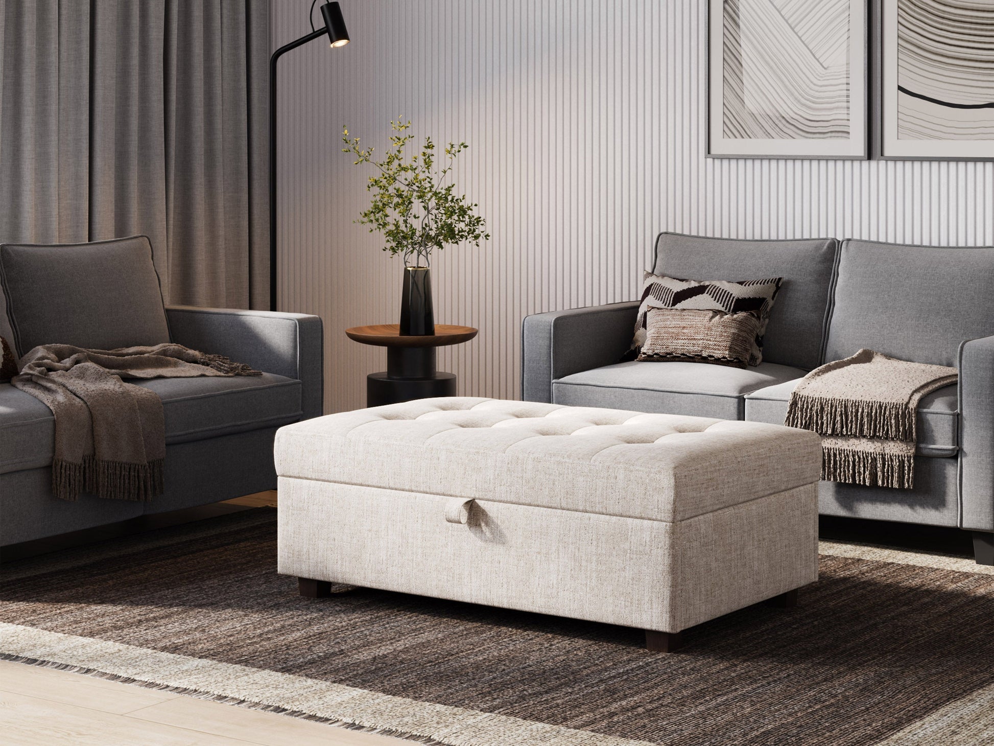 Beige large storage ottoman with tufted top, linen fabric, wooden legs, and spacious interior compartment for extra storage.