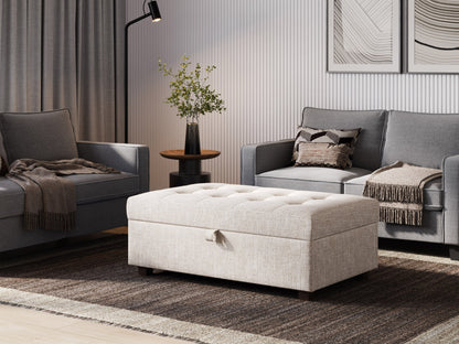 Beige large storage ottoman with tufted top, linen fabric, wooden legs, and spacious interior compartment for extra storage.