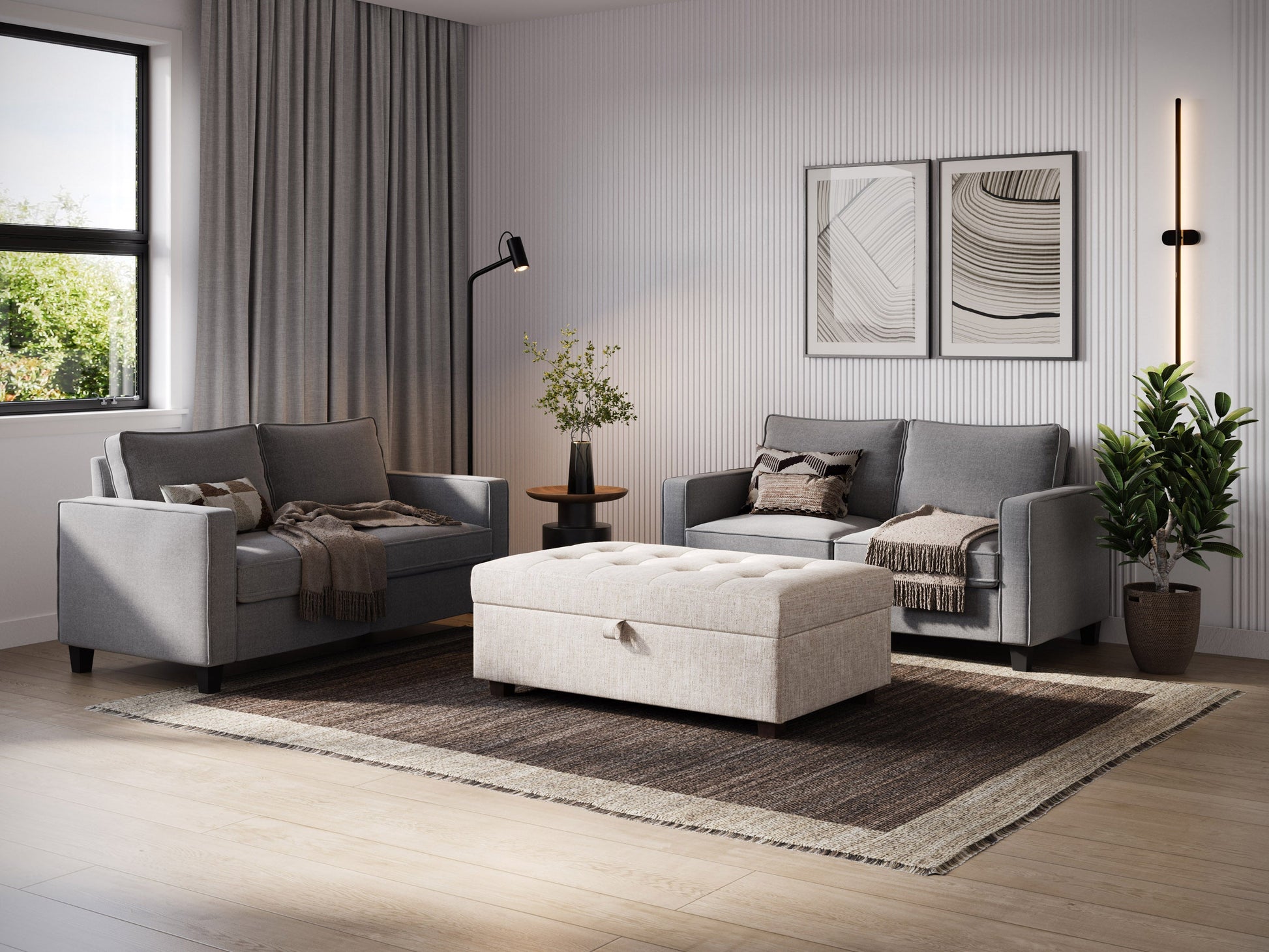 Beige large storage ottoman with tufted top, linen fabric, wooden legs, and spacious interior compartment for extra storage.