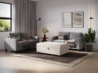 Beige large storage ottoman with tufted top, linen fabric, wooden legs, and spacious interior compartment for extra storage.