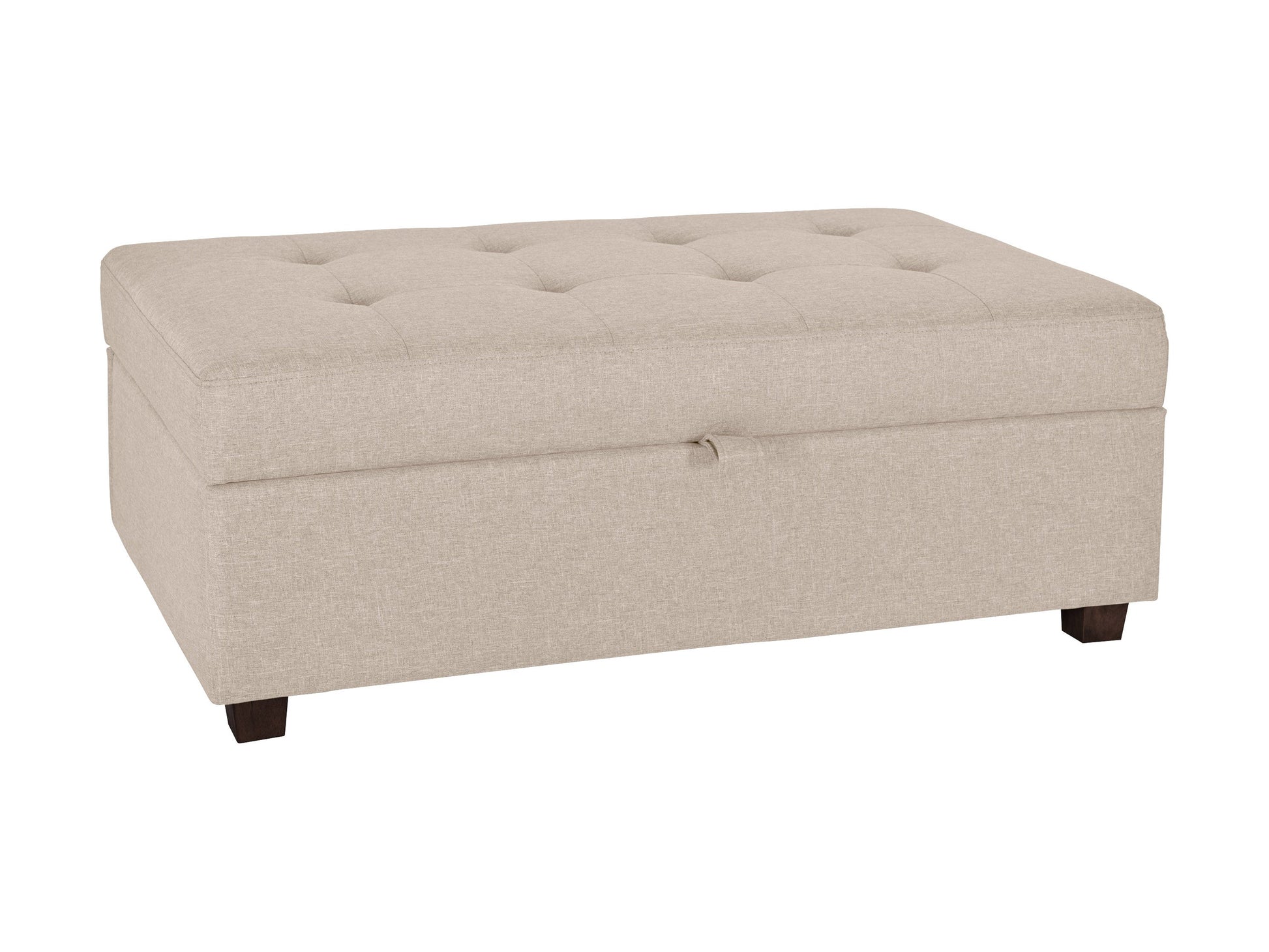Beige large storage ottoman with tufted top, linen fabric, wooden legs, and spacious interior compartment for extra storage.