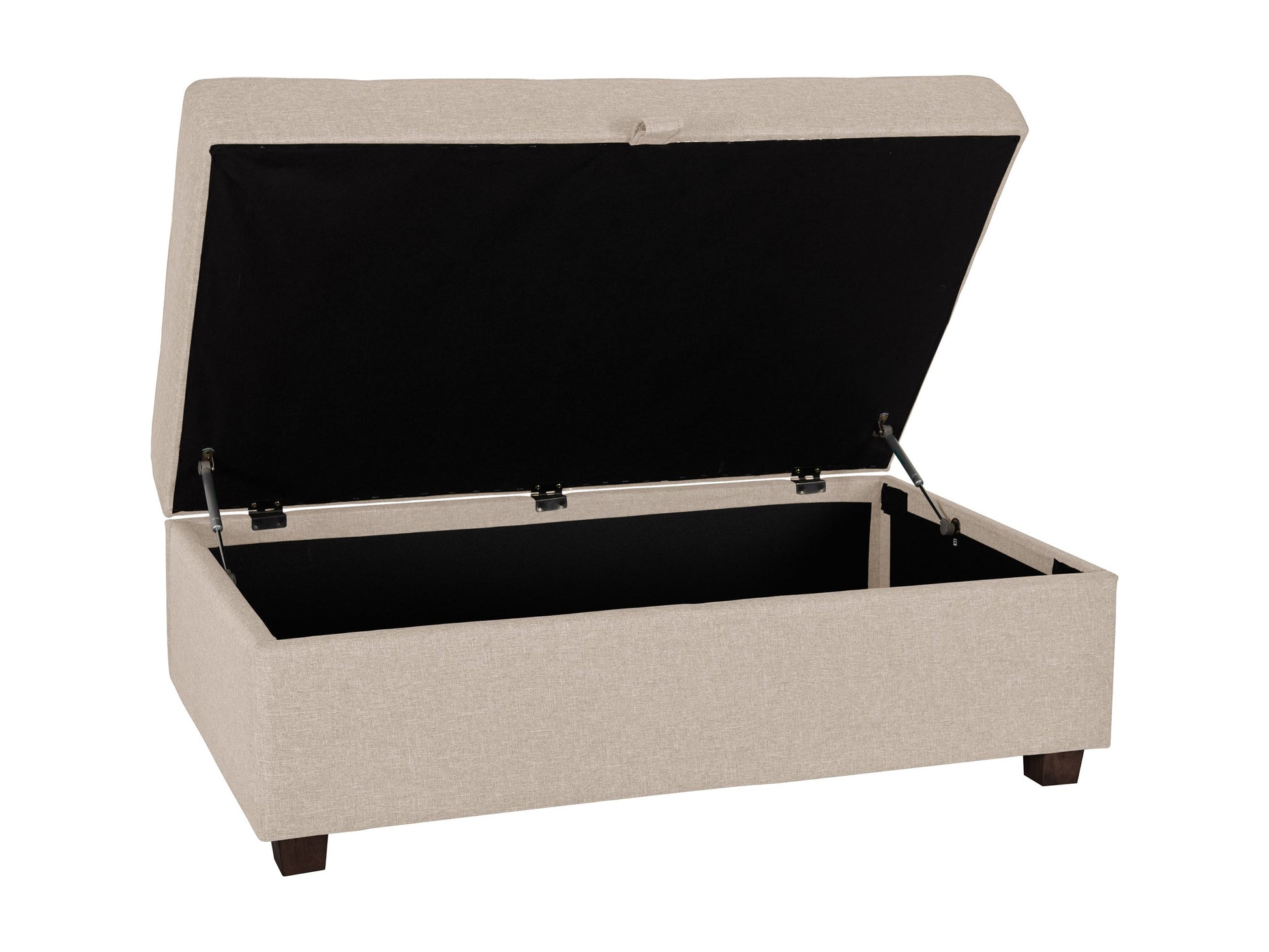 Beige large storage ottoman with tufted top, linen fabric, wooden legs, and spacious interior compartment for extra storage.