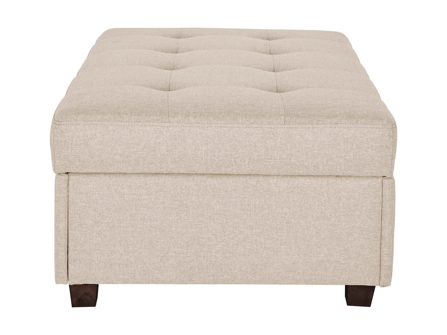 Beige large storage ottoman with tufted top, linen fabric, wooden legs, and spacious interior compartment for extra storage.