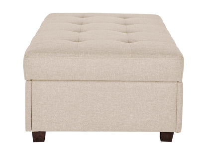 Beige large storage ottoman with tufted top, linen fabric, wooden legs, and spacious interior compartment for extra storage.