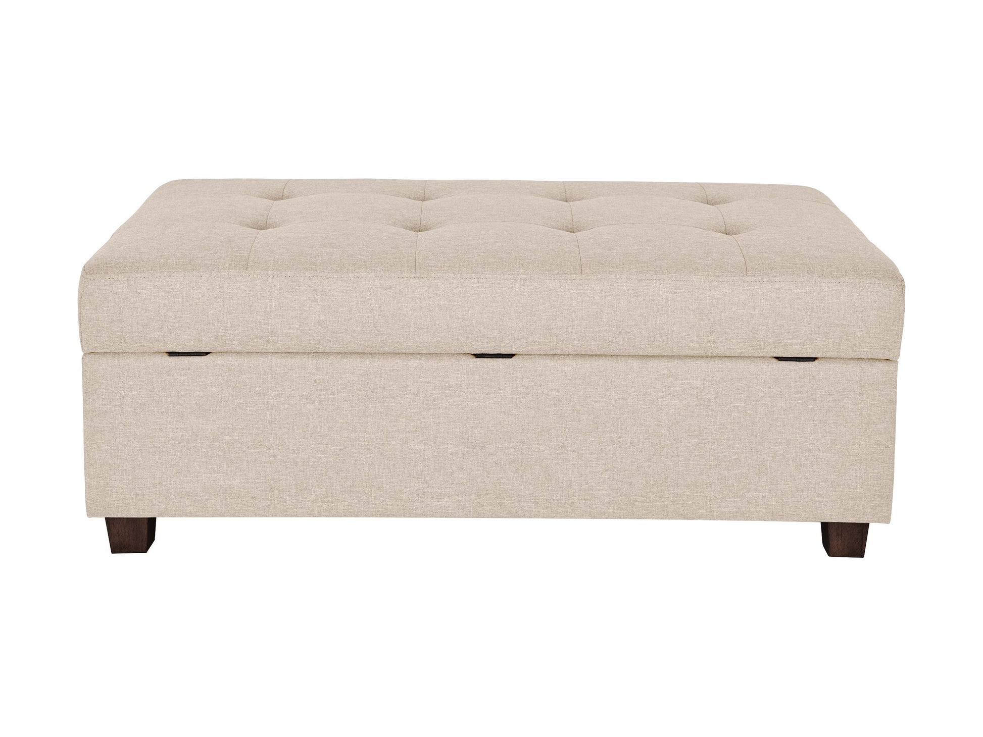 Beige large storage ottoman with tufted top, linen fabric, wooden legs, and spacious interior compartment for extra storage.