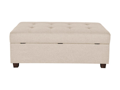 Beige large storage ottoman with tufted top, linen fabric, wooden legs, and spacious interior compartment for extra storage.