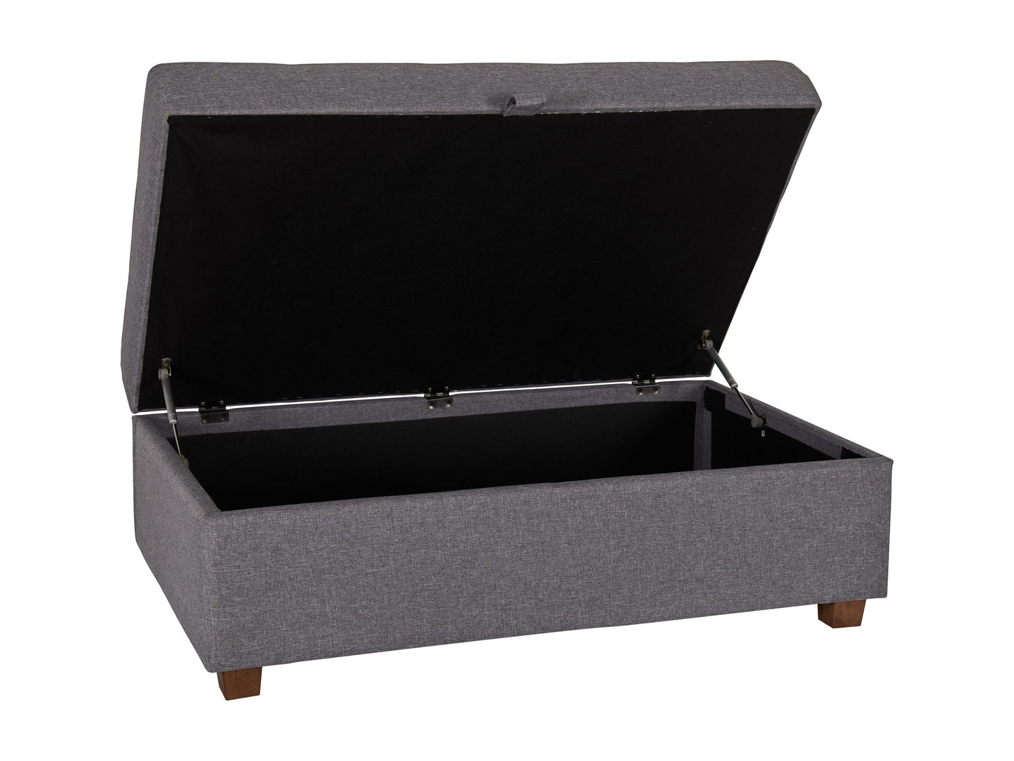 Light grey large storage ottoman with tufted top, soft fabric upholstery, and wooden legs. Ideal for living rooms or bedrooms, providing extra seating and hidden storage space.