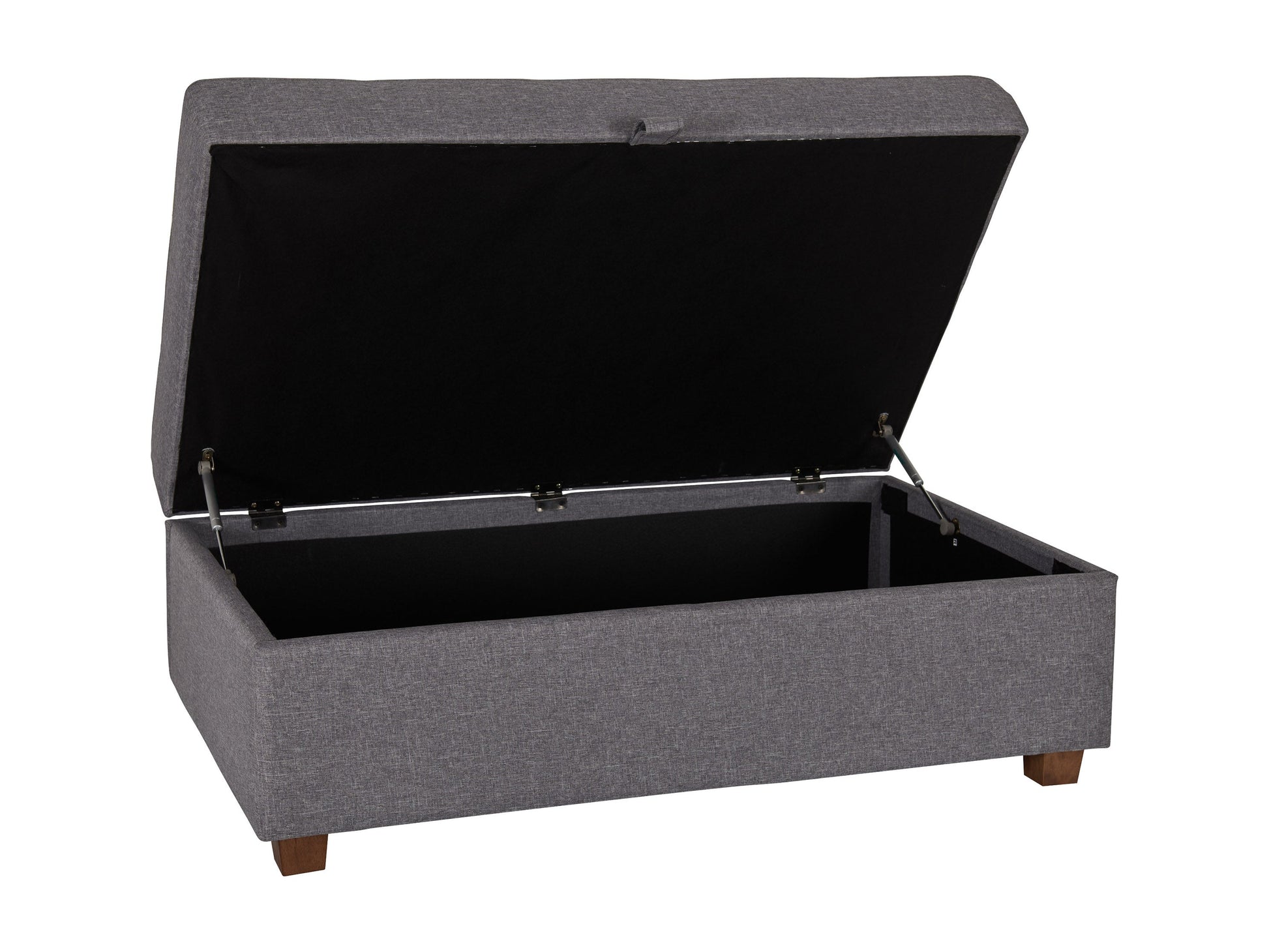 Light grey large storage ottoman with tufted top, soft fabric upholstery, and wooden legs. Ideal for living rooms or bedrooms, providing extra seating and hidden storage space.