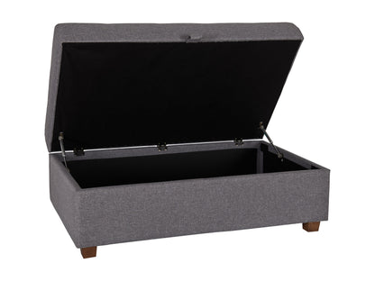 Light grey large storage ottoman with tufted top, soft fabric upholstery, and wooden legs. Ideal for living rooms or bedrooms, providing extra seating and hidden storage space.