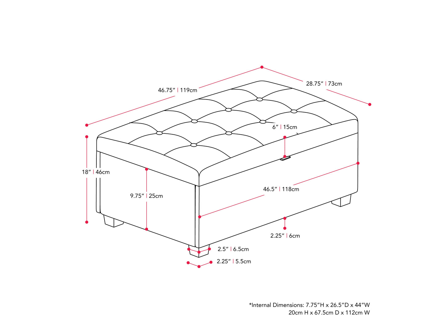 Dark grey large storage ottoman with tufted top, soft fabric upholstery, and spacious interior storage compartment. Ideal for living room, bedroom, or entryway as a stylish and functional furniture piece.