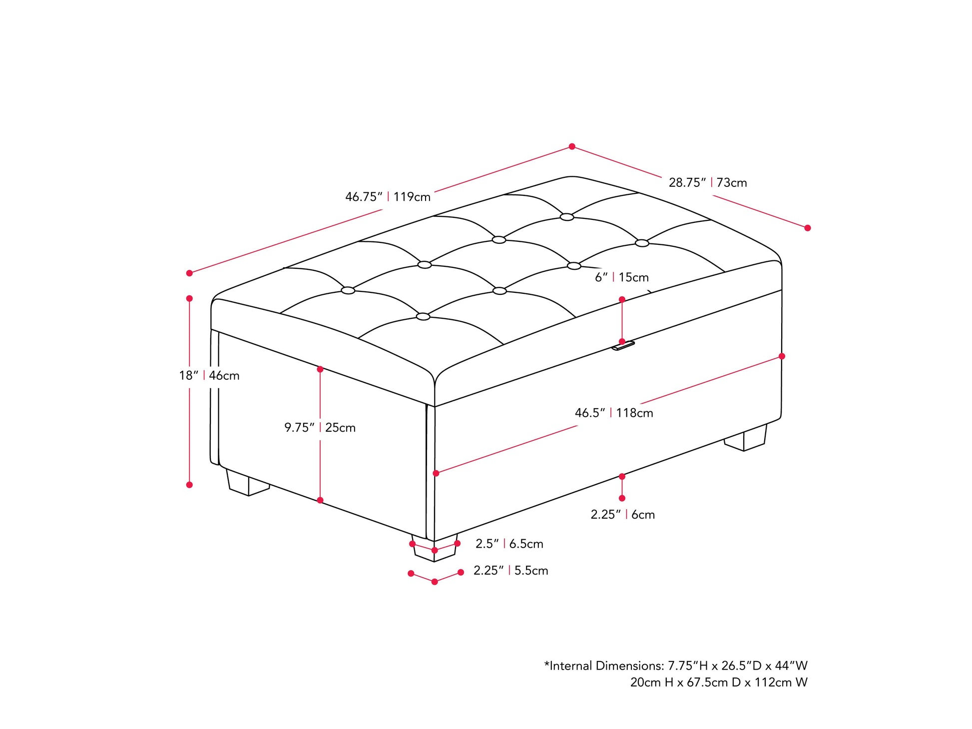 Dark grey large storage ottoman with tufted top, soft fabric upholstery, and spacious interior storage compartment. Ideal for living room, bedroom, or entryway as a stylish and functional furniture piece.