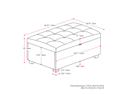 Dark grey large storage ottoman with tufted top, soft fabric upholstery, and spacious interior storage compartment. Ideal for living room, bedroom, or entryway as a stylish and functional furniture piece.