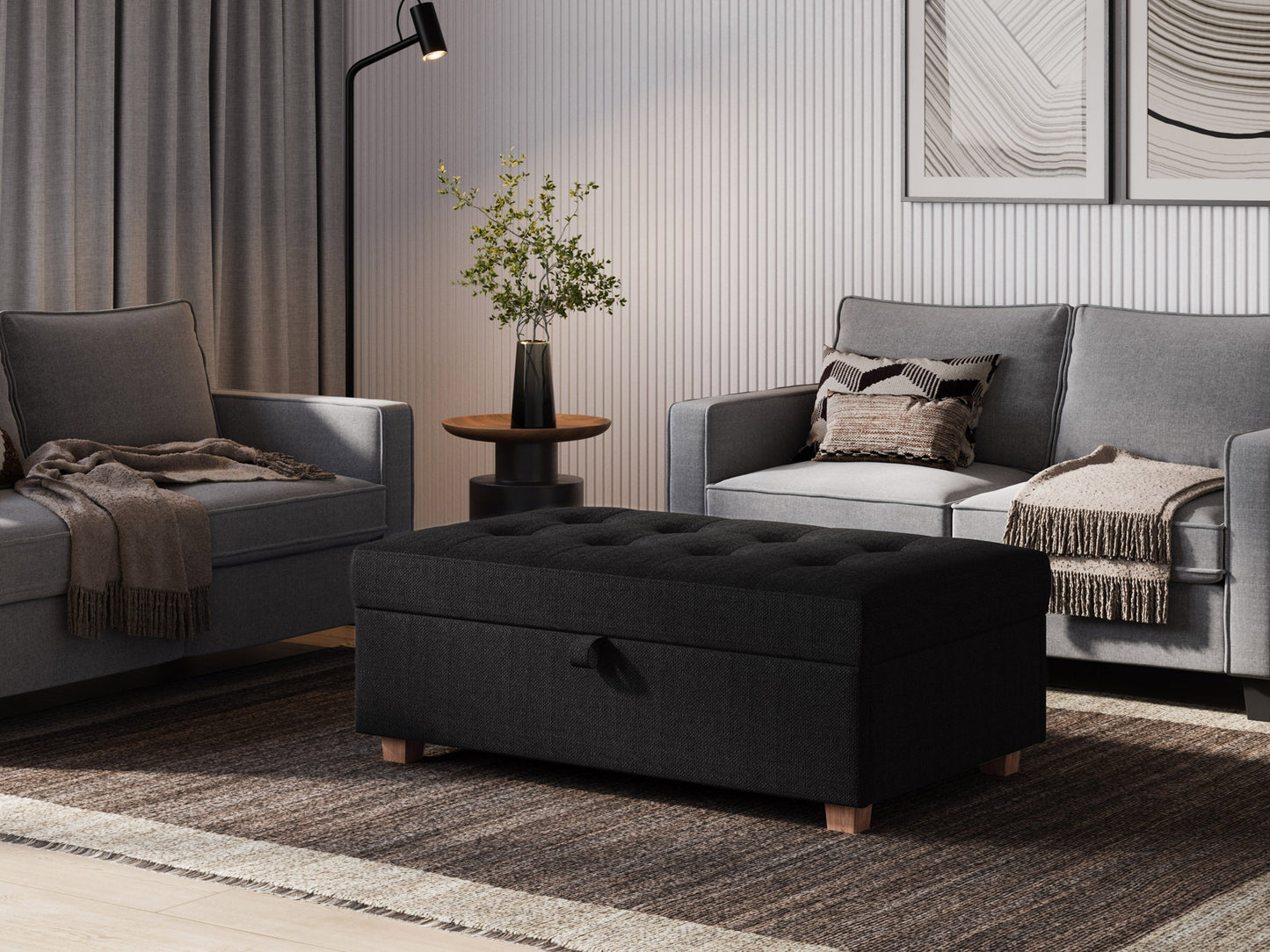 Dark grey large storage ottoman with tufted top, soft fabric upholstery, and spacious interior storage compartment. Ideal for living room, bedroom, or entryway as a stylish and functional furniture piece.