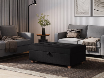 Dark grey large storage ottoman with tufted top, soft fabric upholstery, and spacious interior storage compartment. Ideal for living room, bedroom, or entryway as a stylish and functional furniture piece.