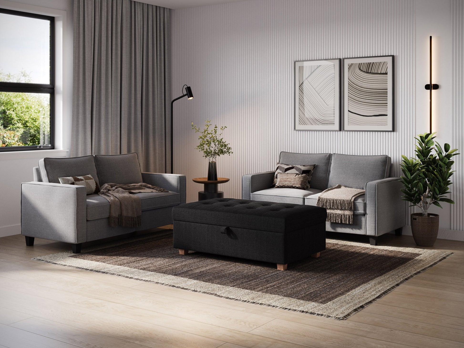 Dark grey large storage ottoman with tufted top, soft fabric upholstery, and spacious interior storage compartment. Ideal for living room, bedroom, or entryway as a stylish and functional furniture piece.