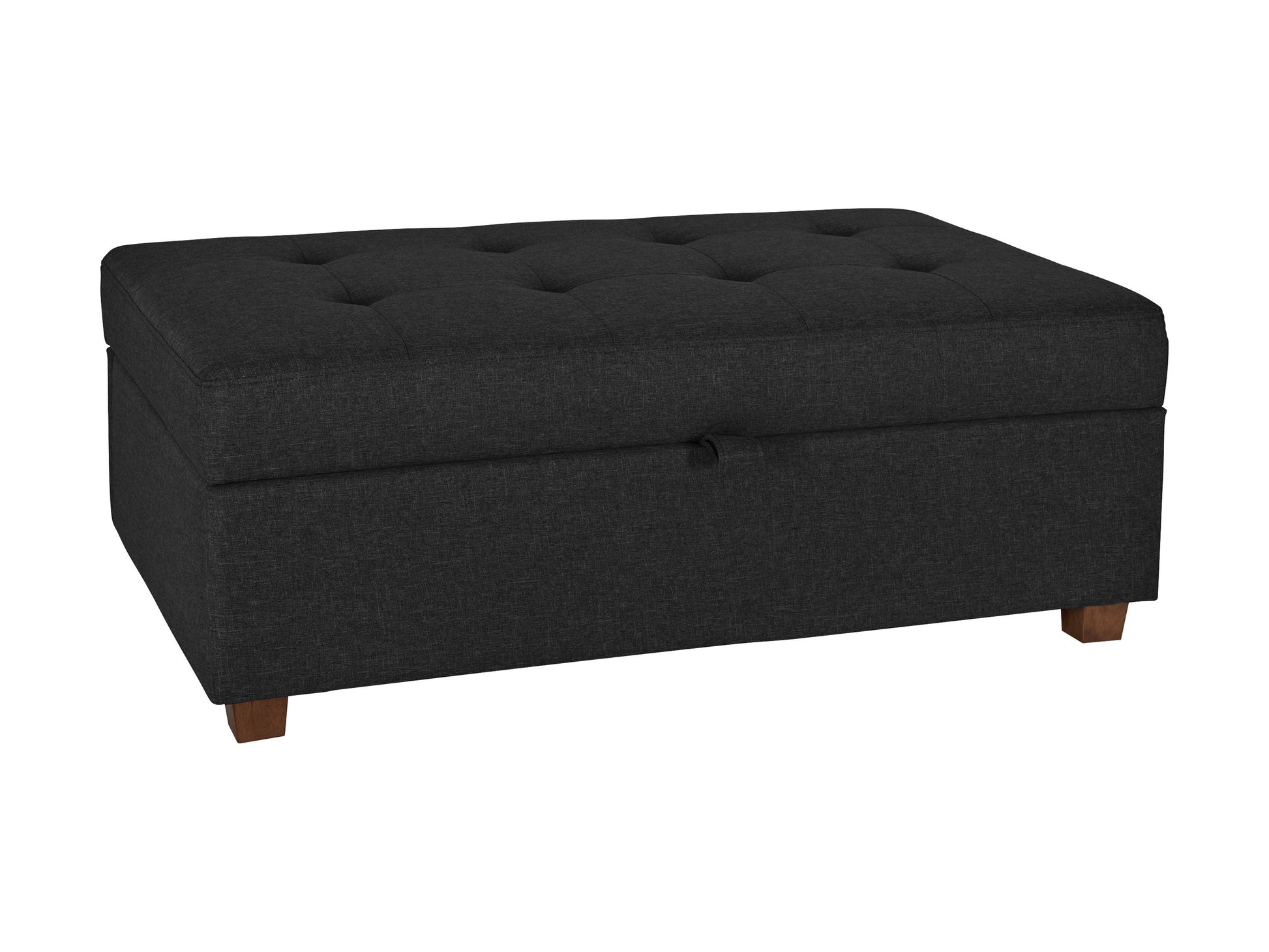 Dark grey large storage ottoman with tufted top, soft fabric upholstery, and spacious interior storage compartment. Ideal for living room, bedroom, or entryway as a stylish and functional furniture piece.