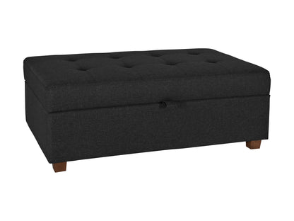 Dark grey large storage ottoman with tufted top, soft fabric upholstery, and spacious interior storage compartment. Ideal for living room, bedroom, or entryway as a stylish and functional furniture piece.