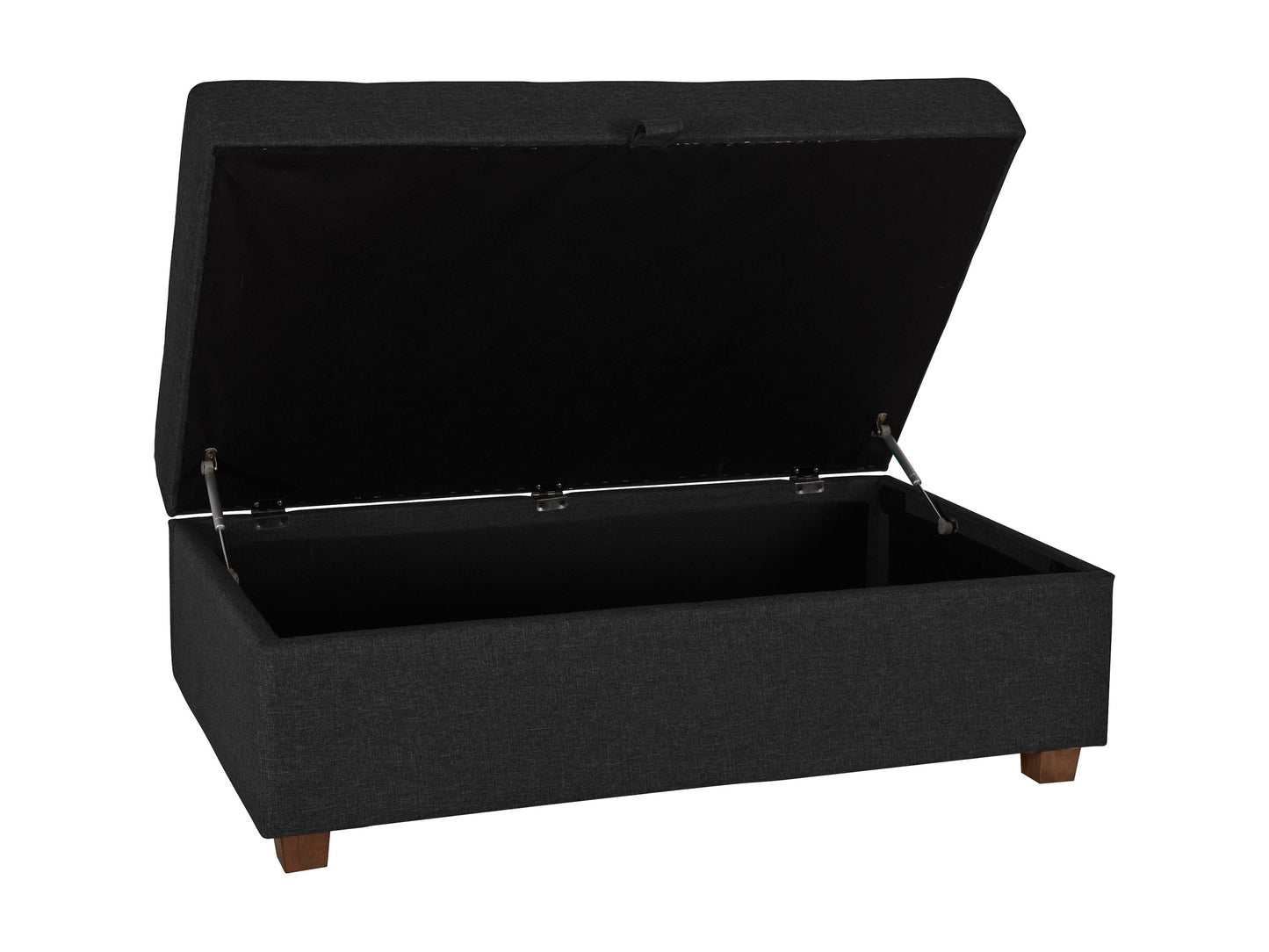 Dark grey large storage ottoman with tufted top, soft fabric upholstery, and spacious interior storage compartment. Ideal for living room, bedroom, or entryway as a stylish and functional furniture piece.